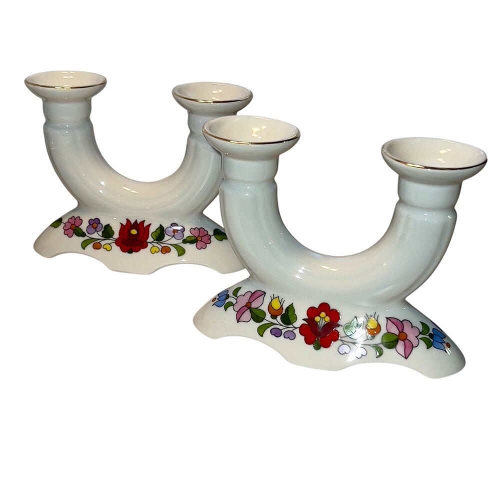 Kalocsa Hungary Handpainted Double Candle Holder Pair Floral Gold Trim Porcelain